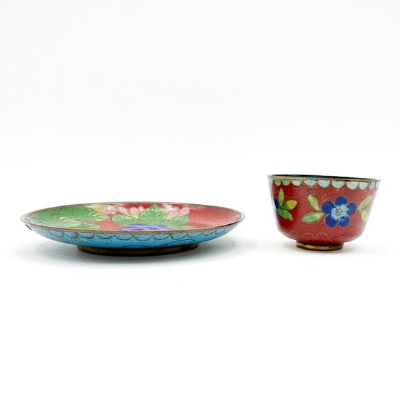 Antique Chinese Cloisonne Cup And Plate Red w Blue Dogwood Pink Lotus Pattern - Picture 12 of 13